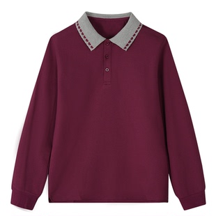 儿童枣红色POLO衫校服班服宽松男童T恤中小学生长袖春秋薄款女童