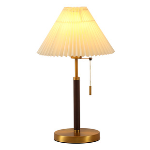 中古风台灯客厅书房卧室床头灯美式复古怀旧胡桃木色立式百褶灯具