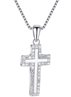 真银子S925银镀白金方正十字架纯银吊坠小男女微镶钻银饰生日刻字