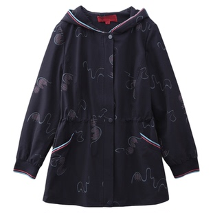 依佈2026春装新款印花风衣减龄连帽妈妈装中老年人百搭中长款外套