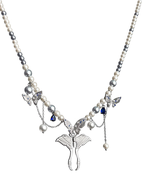 SU浮空岛「夜雾飞行」原创小众高级感蝴蝶珍珠锁骨链蓝灰色项链女