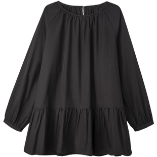 德玛纳极简通勤圆领娃娃衫女春秋新款拼接荷叶边中长款衬衣上衣