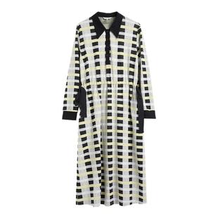 蒲PUKKA 棉针织连衣裙女宽松休闲格纹收腰羊毛连衣裙中长款长裙