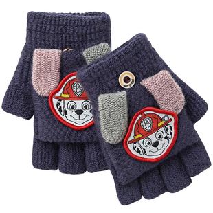 汪汪队儿童手套男孩半指翻盖手套女孩秋冬款保暖毛线针织写字手套