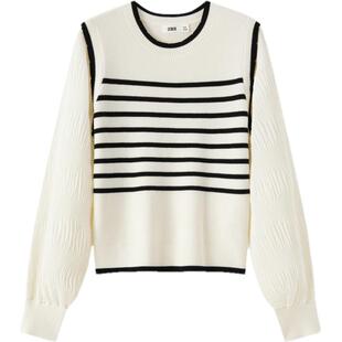 森马针织衫女短款假两件条纹气质2024新款春套头衫通勤