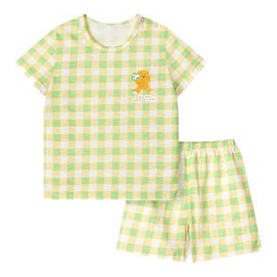 unifriend韩国儿童睡衣纯棉夏季薄款格子男童女童家居服宝宝A类