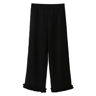 直筒裤女大码胖mm松紧腰春款裤子2026新款木耳花边宽松九分休闲裤