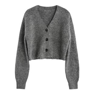 辰米范 羊毛针织开衫短款毛衣女秋冬宽松显瘦咖色长袖V领上衣外套