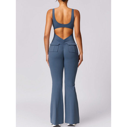 E 34061 V-neck Pocket Jumpsuit 瑜伽连体服 跨境供应亚马逊