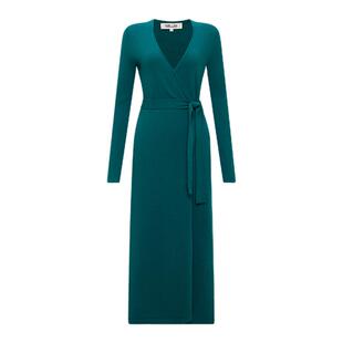 [绵羊毛]DVF羊毛羊绒森林绿长袖中长款针织裹身连衣裙MR43E00