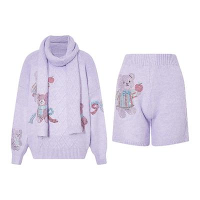 TCH2025冬季新款烫钻紫色宽松圆领毛衣短裤针织三件套T75D07E5026