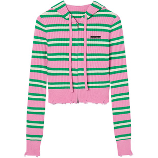 EPTISON毛衣女2025秋季新款短款拉链条纹针织开衫温柔高级感上衣