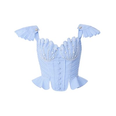 lefame拉飞姆贝壳珠仔绣花蓝白条纹人鱼上衣