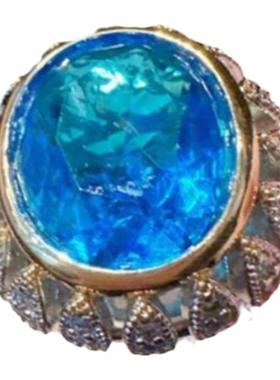 马尔代蓝星辰宝石戒指 星河璀璨 镀18K金 水蓝大克拉蜂巢锆石戒指