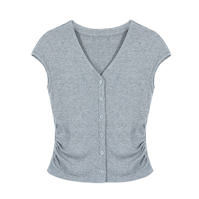 pusumede 小蛮腰~ v领修身短袖t恤女褶皱收腰针织短款小飞袖上衣