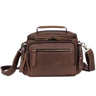 疯马皮真皮手提包公文包休闲头层牛皮水桶复古男士斜挎包相机包