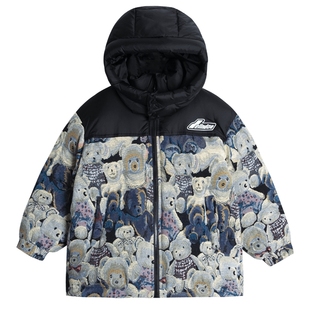 男大童冬季复古拼接小熊满印羽绒服2025新款儿童冬装加厚防风外套