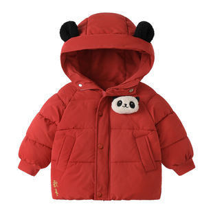 右欧童装儿童红色棉服冬季新款连帽加厚女童棉衣男童年服棉袄外套