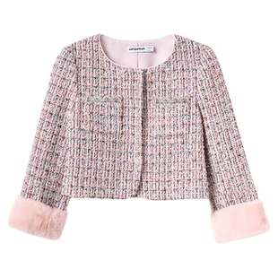 self-portrait 2025秋冬新款红粉混色童装毛绒袖小香风外套