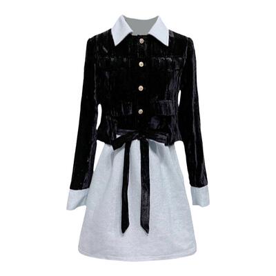 纯欲小香风穿搭黑丝绒短上衣半裙