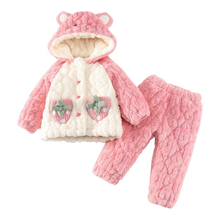 女童三层夹棉睡衣冬季女孩珊瑚绒加厚家居服女宝宝保暖连帽套装冬