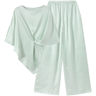 从轻新中式原创夏至天丝缎船领短袖上衣直筒裤套装凉感女士家居服