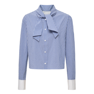 REINEREN任茜设计师款2026春季新品条纹短款箱型宽幅系领衬衣