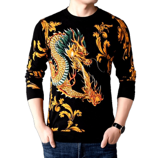 秋季男士长袖T恤 中国风龙图案印花针织男薄款毛衣打底小衫潮