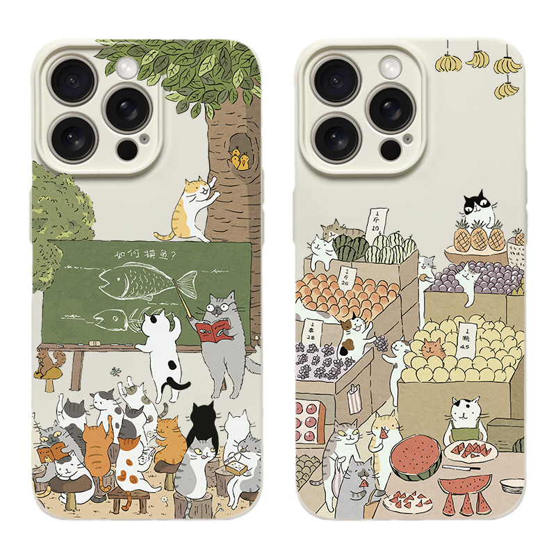 适用于苹果16pro硅胶手机壳iPhone17promax镜头全包卡通13透明软壳15pro创意猫咪大集合读书卖水果14