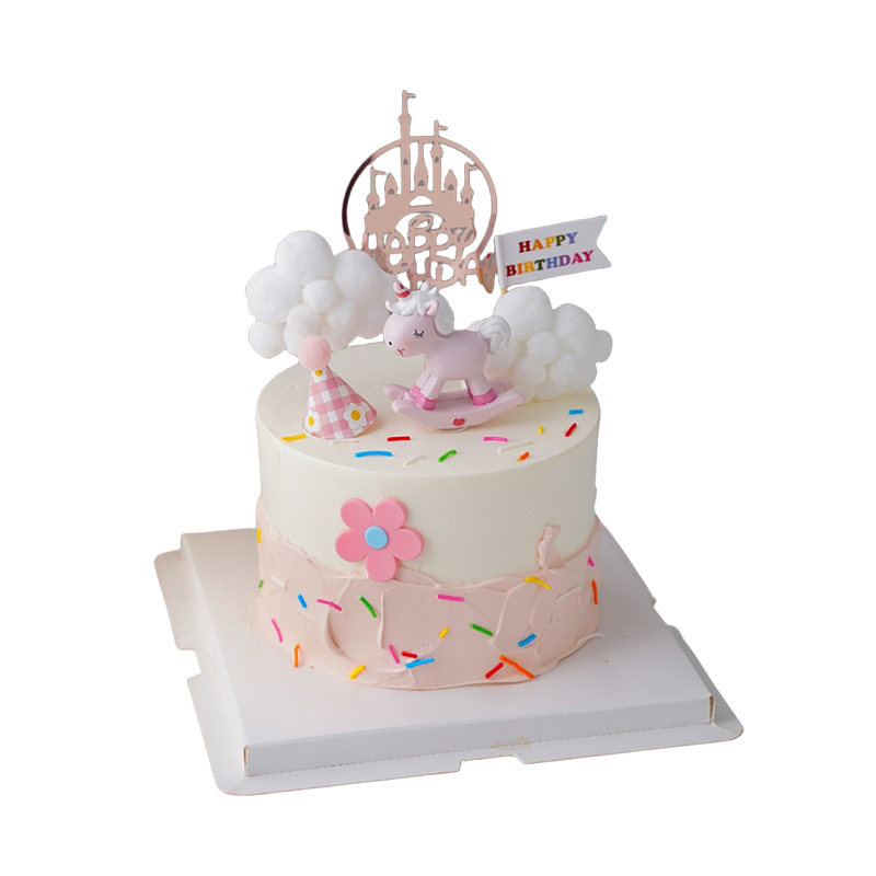 粉色系女孩儿童摇摇马蛋糕装饰摆件云朵城堡小帽子插件甜品台用品