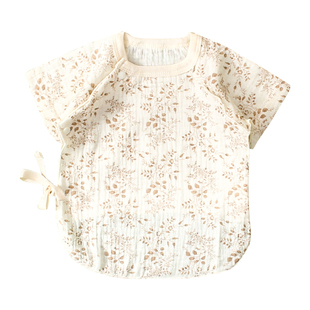 A婴儿纯棉纱布半背衣夏薄宝宝短袖系带打底上衣新生儿和尚服透气