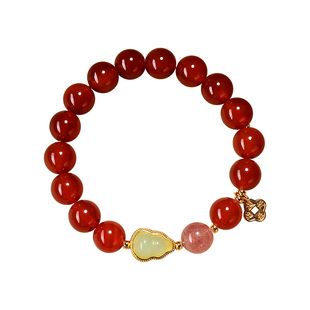 【普陀山正品】天然红玛瑙福禄手串女款葫芦金福牌吊坠手链送女友