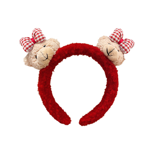 可爱红色发箍女2025新款小熊洗脸头箍羊羔毛化妆敷面膜压发发卡子