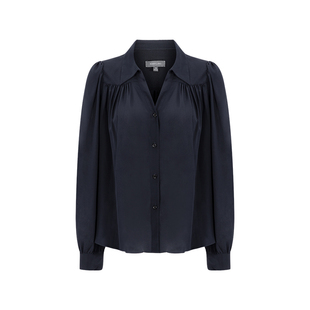 MARYLING玛俪琳初秋新品深蓝V型衬衫领真丝上衣A1DGW20160