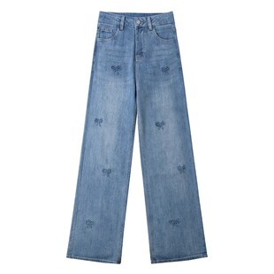 亮闪闪烫钻直筒牛仔裤女2025秋冬加绒加厚小个子蓝色窄款阔腿裤子