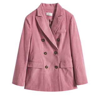 明星王丽坤同款西装衣服粉色短款灯芯绒外套女春秋复古条绒衣服女