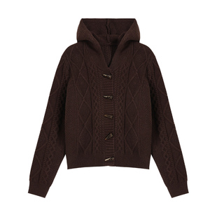 pusumede复古牛角扣连帽毛衣开衫女宽松慵懒气质麻花针织外套上衣