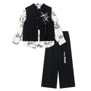 男童春装日常长袖中式汉服套装2026新款儿童中秋节国风唐装三件套