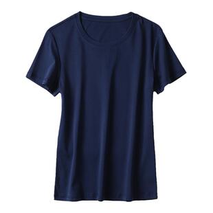夏季薄款丝光棉短袖t恤女百搭时尚内搭打底衫藏蓝色短款上衣女夏