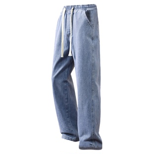 青少年抽绳松紧腰牛仔裤男2025新款秋冬加绒加厚直筒潮牌初中生