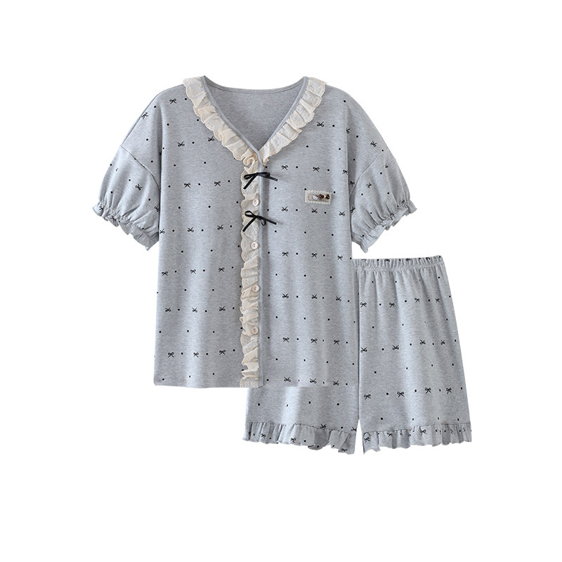睡衣女款2026新款夏季带胸垫一体式短袖可爱花边可外穿家居服套装