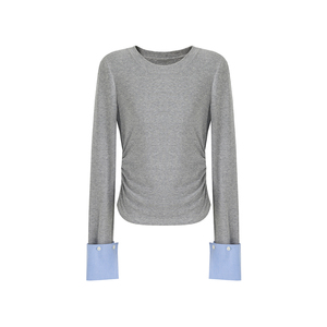 范洛设计感小众拼接袖上衣女2024秋两穿抽褶休闲修身显瘦打底T恤