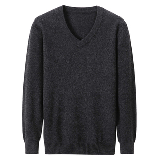 100%纯羊毛衫男V领毛衣秋冬季加厚保暖中年鸡心领针织打底羊绒衫