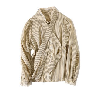 大于诗集 佩里月光 法式立领条纹木耳边绑带气质衬衫女蝴蝶结衬衣