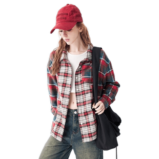 【非正式学院】a02复古潮流衬衫女2025春秋磨毛拼接撞色格子衬衫