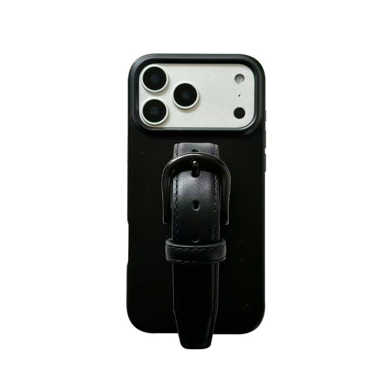 经典简约黑色牛皮腕带手机壳适用于iphone17promax保护套小众极简复古高级感苹果16/15全包防摔气质软壳