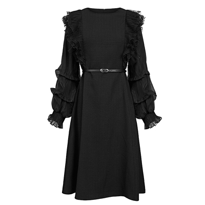 sdeer荷叶边收腰网纱长袖连衣裙