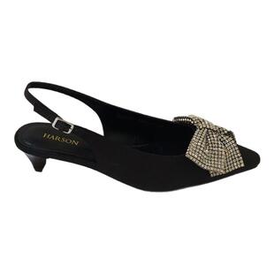 哈森HARSON正品2025夏季新款中跟尖头水钻蝴蝶结女凉皮鞋HM257175