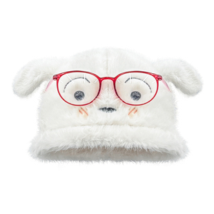 可爱眼镜小狗小白毛绒套头帽子女冬季百搭加厚保暖显脸小渔夫帽