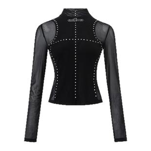 uhot 2025秋冬女士烫钻网纱拼接上衣打底衫银泰百货 301590